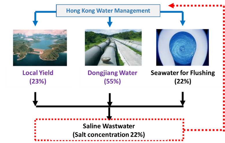 Hong Kong Water Management, local yield 23 percent, dongjiang water 55 percent, seawater fr flushing 22 percent, saline wastwater salt concentration 22 percent